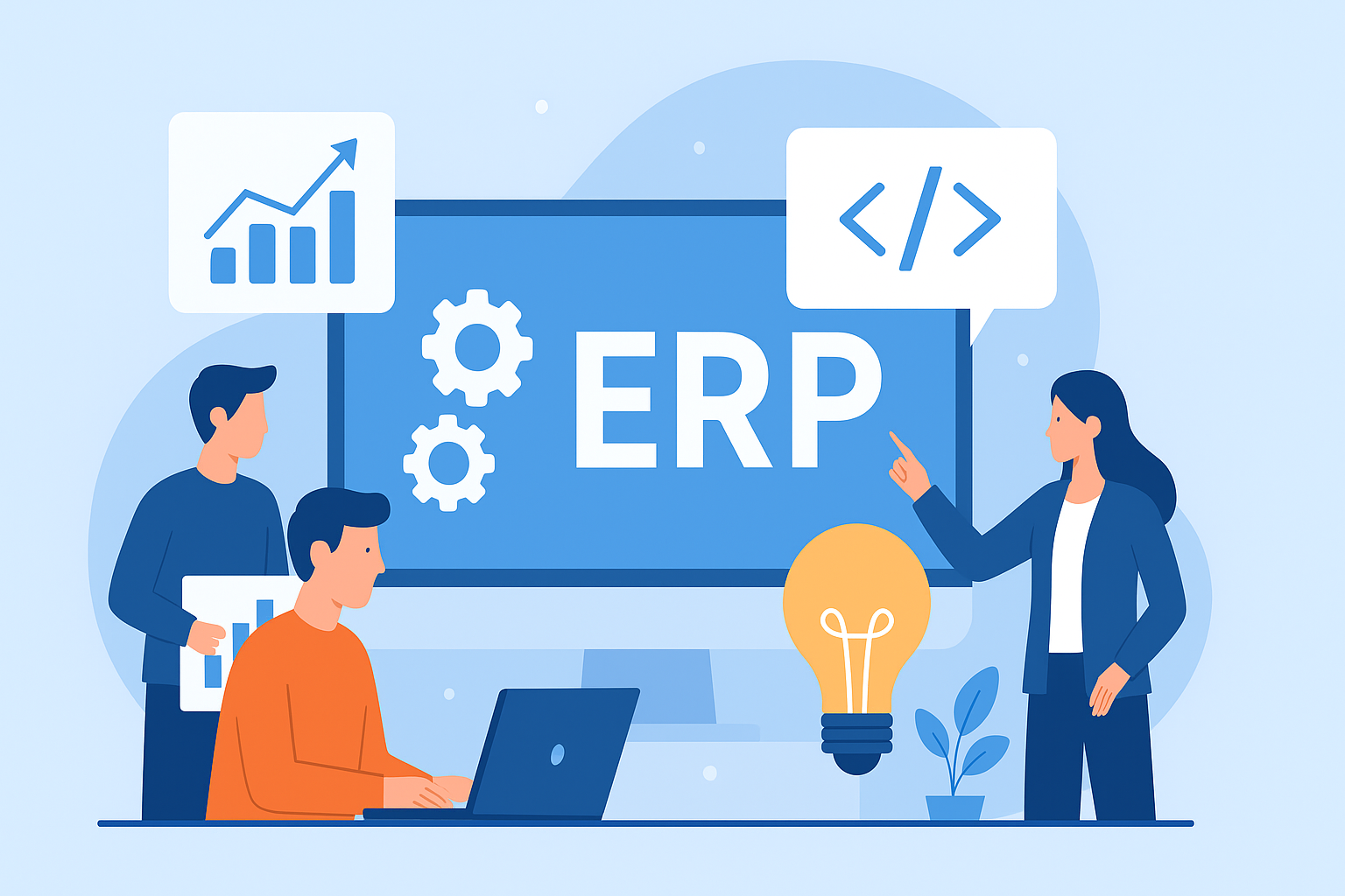 Ilustrasi%20modern%20tim%20pengembang%20perangkat%20lunak%20yang%20berkolaborasi%20dalam%20pengembangan%20sistem%20ERP%20%28Enterprise%20Resource%20Planning%29.%20Terlihat%20orang-orang%20bekerja%20dengan%20laptop%20dan%20berdiskusi%20tentang%20data%20serta%20kode%2C%20dikelilingi%20ikon%20roda%20gigi%2C%20grafik%2C%20dan%20bola%20lampu%20yang%20melambangkan%20inovasi%20serta%20transformasi%20digital.